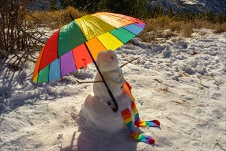 Snowman with umbrella in lgtb pride colors