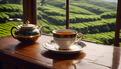 Ceramic cup of tea and a pot on wooden table and tea estate look from the window. AI Generated