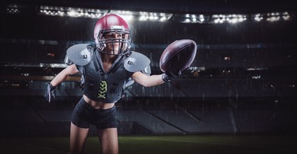 Image of a girl running with the ball across the stadium in the uniform of an American football team player. Sports concept.