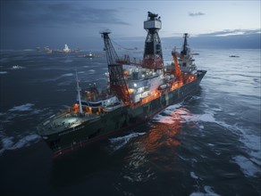 Offshore drilling ship at dusk with a dramatic sky and reflective ocean waters