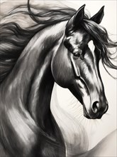 Artistic drawing black horse with white blaze