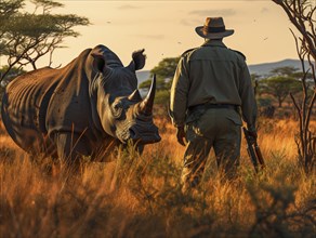 Ranger walking with a rifle behind a rhinoceros as the sun sets in their natural environment