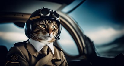Cat pilot in an airplane pilot uniform on an airplane
