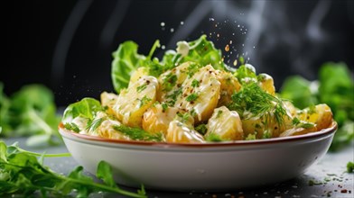 Potato salad with cream and dill on a black background AI generated