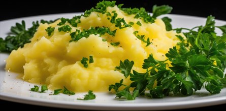 Mashed potatoes with parsley on a plate on a black background AI generated