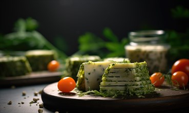 Green cheese with pesto sauce and cherry tomatoes on a black background AI generated