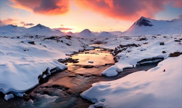 Vibrant sunset over a snowy mountain river in cold surroundings AI generated