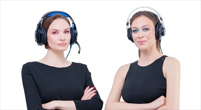 Portrait of two beautiful women with headsets. Technical support concept.