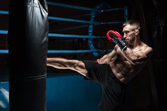 Kickboxer kicks the bag. Training a professional athlete. The concept of mma