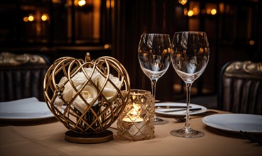 Luxurious dining setting with wine glasses and a heart-shaped candle holder AI generated