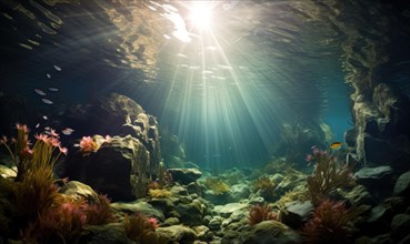 Underwater view of coral reef with fish and rays of sunlight AI generated
