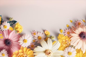 A spring background with pastel-coloured flowers is a natural work of art that shows the beauty and joy of the season. The soft colour palette