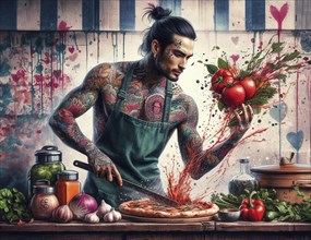 Fit tattooed mediterranean man chef wear apron