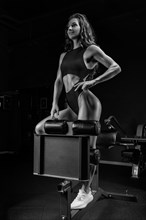 Adorable brunette poses in training apparatus in the gym. Fitness and bodybuilding concept.