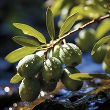 Gruene Oliven am Zweig bedeckt mit frischem Tau in der Morgensonne