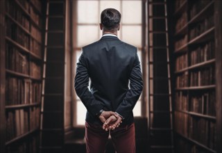 Portrait of an elegant man in a suit in the library. Back view. Business concept.