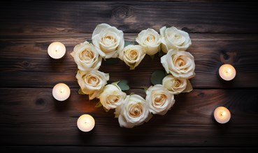 Romantic heart-shaped arrangement of roses with candles on a wooden surface AI generated