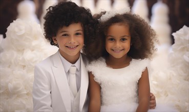 Two kids dressed in white. Wedding background. Flower girl and ring bearer AI generated