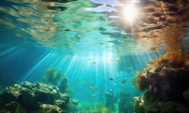 Underwater view of coral reef with sun rays shining through water surface AI generated