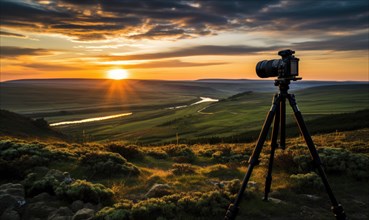 Camera on tripod overlooking a stunning sunset on rolling hills AI generated