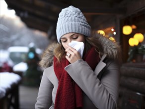 Woman wipes her nose with a tissue in a chilly winter setting