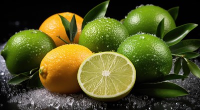 Citrus fruits on a black background. Lemons and limes AI generated