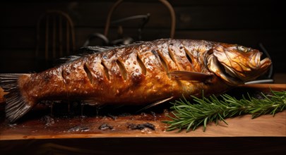 Smoked carp with rosemary on a wooden board on a dark background AI generated