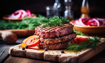 Beef steaks with dill and tomatoes on a wooden board AI generated