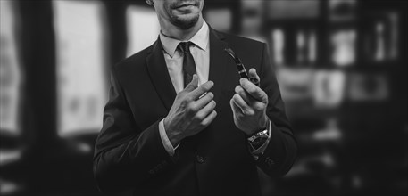 Portrait of an elegant man in a suit with a smoking pipe. Business concept.