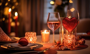 An elegantly set table with wine glasses and heart-shaped decor illuminated by candles AI generated
