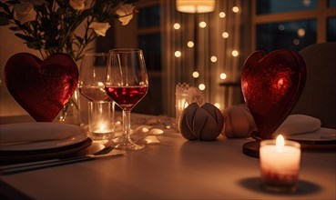 Evening dinner setting with wine and romantic heart-shaped decorations illuminated by candles AI generated