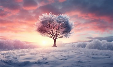 A solitary tree in a snowy field with a colorful sunrise background AI generated