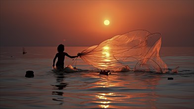 Young fisherman casting a net into the sunset-gilded water