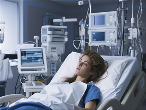 Restful woman in hospital bed with multiple monitors displaying health data
