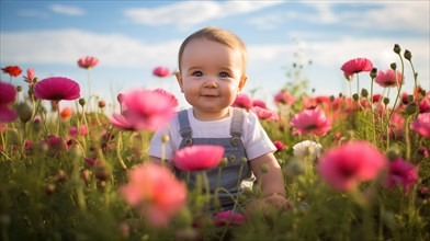 Cute baby boy in poppy field on sunny summer day. Happy child with flowers AI generated
