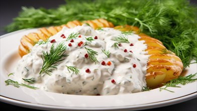 Baked potatoes with sour cream and dill on a white plate AI generated