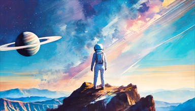 Rear view woman astronaut on another planet stands on the mountains top with view to the colorful starry sky with colorful nebulas. AI generated art