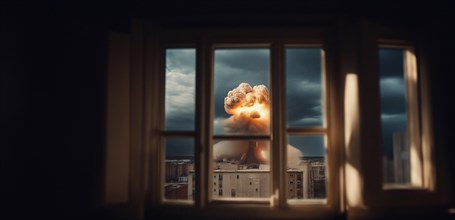 Nuclear explosion in the city view from the window