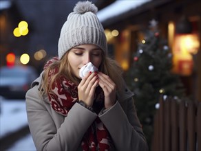 Woman with a cold using a tissue