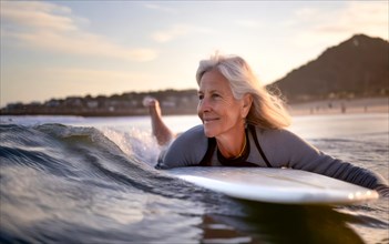 Elderly woman on a surfboard in the sea