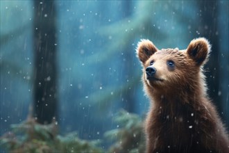 Portrait of young brown bear in a forest in the rain
