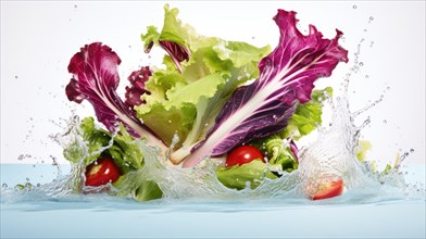 Fresh vegetables falling into water with splash on white background AI generated