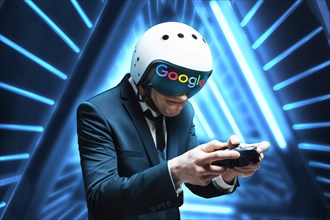 Portrait of a man in a suit and helmet of a pilot with a joystick in his hands. Game concept.