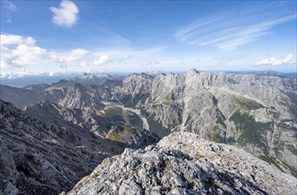 View of Wimbachgries valley and mountain panorama with rocky mountain peak of Hochkalter