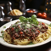 Leuchtende Spaghetti Bolognese mit Parmesan bestreut auf einem weiss gedeckten Tisch