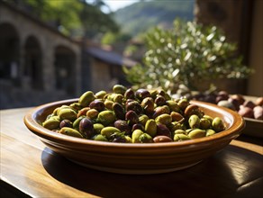 Eine Schale mit Oliven auf einer sonnenbeschienenen Terrasse