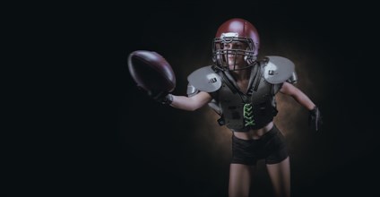 Image of a girl running with the ball in the uniform of an American football team player. Sports concept.