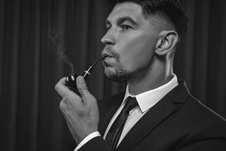 Image of an elegant man in a suit smoking a pipe. Business success concept.
