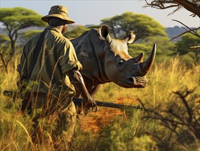 A ranger with rifle tracking a rhinoceros through a sunny savannah with scattered trees