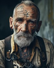 Old man marked by hard labour with tattoos and deep wrinkles on his face
